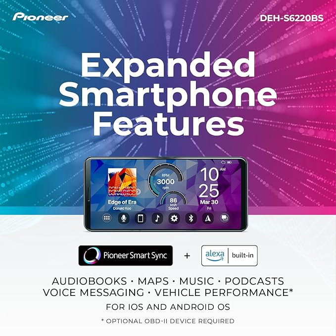 DEH-S6220BS 1-Din CD Receiver – Bluetooth, SiriusXM, USB/AUX, Color Change, FLAC, AM/FM, Detachable Face, 13-Band EQ, 50W x 4, Voice Control, Hi-Volt RCA Preouts