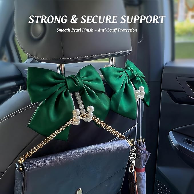 2 PCS Bow Pearl Car Seat Headrest Hook – Cute Purse Hook for Car, Girly Interior Decoration Accessories Hook Hanger, Seatback Holder for Purses & Bags, Elegant Car Organizer (Galactic Green)