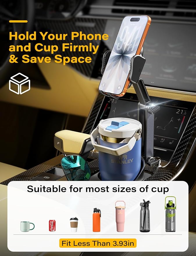 2-in-1 Cup Holder Cell Phone Holder for Your Car Bottle Friendly Cup Cell Phone Holder Mount for Car Height Adjustable Sturdy Fit 4.7-7 inches Phones