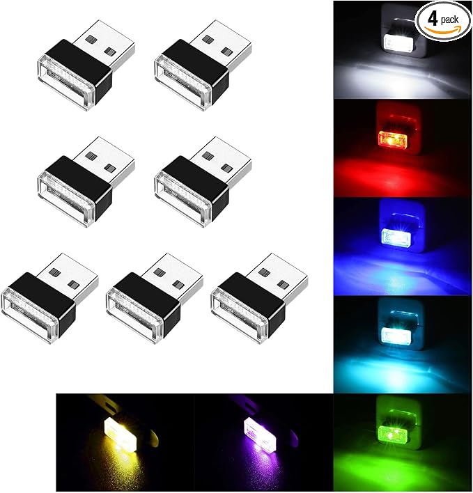 7 PCS USB LED Car Interior Atmosphere Lamp, Portable Mini LED Night Light, Plug-in USB Interface Trunk Ambient Lighting Kit, Universal Interior Accessories for Most Vehicles (MultiColour)
