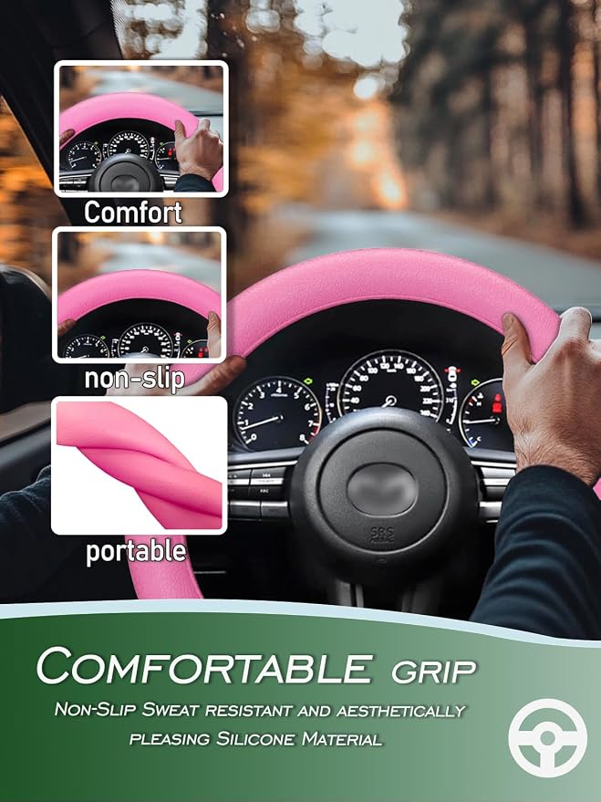 Car Steering Wheel Cover, Non-Slip Silicone Material, Multiple Color Choices, Universal Auto Parts Steering Wheel Cover, Suitable for Most Cars (Pink)