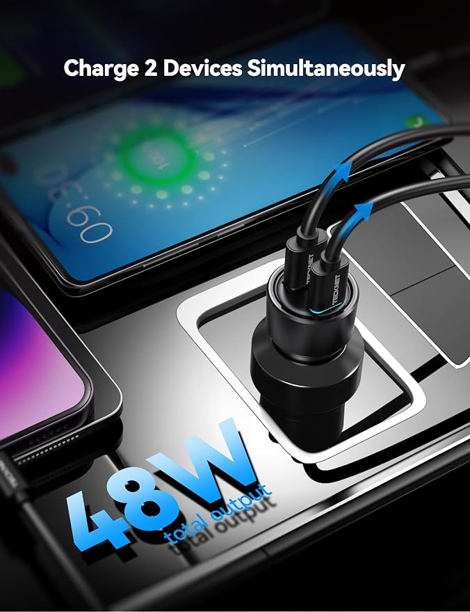USB Car Charger[2Pack], 48W 2-Port Cigarette Lighter Fast Chargering, PD&QC3.0 USBC Car Charger Adapter Compatible with iPhone 17/16/15/14 Pro Max/Plus Galaxy