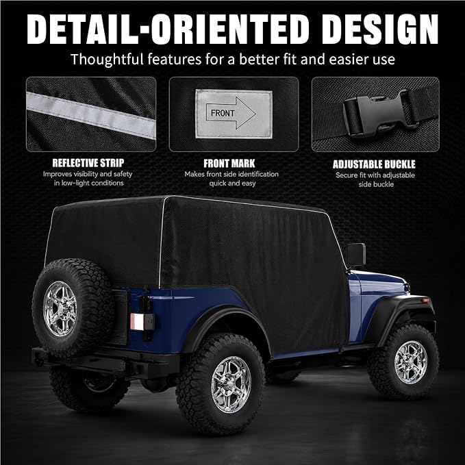 600D Cab Cover Windproof Sunshade Cover Compatible with Jeep Wrangler CJ7 1976-1986 2 Door, 6-Layer Protection Frost Wiper & Mirror Covers Protect from Sunshine, UV, Snow, Rain