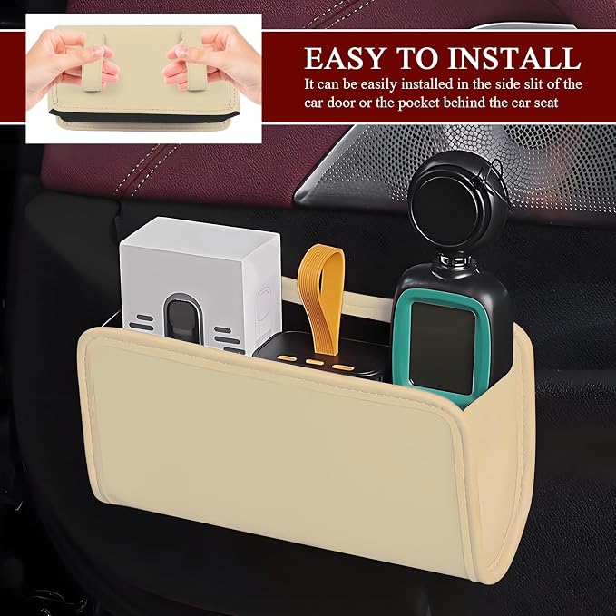 Car Trash Can, Leather Waterproof Automotive Garbage Can with Trash Bag, Hanging Mini Vehicle Trash Bin, Small Auto Door Organizer Storage Pouch, Universal Car Accessories (Beige)