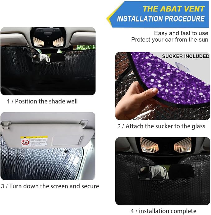 Purple Glitter Texture Car Windshield Sun Shade Foldable Sun Shield Shade for Blocks UV Rays Protector-Keeps Your Vehicle Cool for Most Sedans SUV Truck,53"x23.5"
