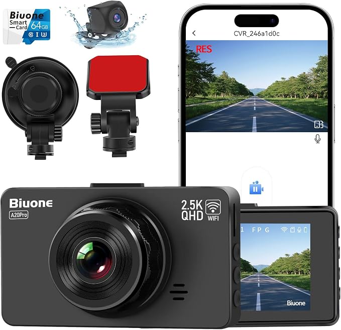Dash Cam Front and Rear Dash Camera WiFi/APP Control Car Camera with 64G Card 2.5K Front Dash Cam+1080P Rear Dashcams with Super Night Vision, Loop Recording, G-Sensor
