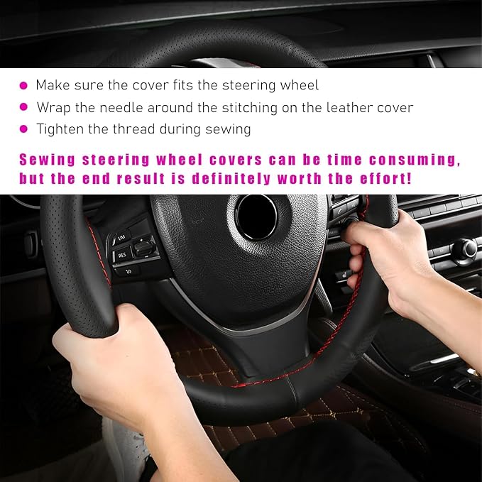 Genuine Leather Steering Wheel Cover, Stitch on Wrap, Breathable Anti-Slip Car Steering Wheel Protector for Max Diameter 15 Inch, DIY Sewing with Needles Thread (Coffee, Hole)