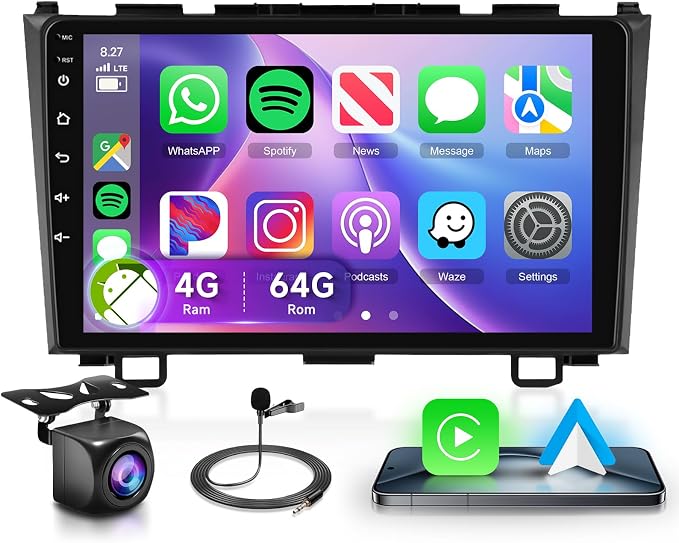 4G+64G Car Radio Stereo for Honda CRV 2007-2011 with Wireless CarPlay/Android Auto, 9 Inch 1280 * 720P IPS Touch Screen Android 13 GPS WiFi Bluetooth 32-Band DSP HD Backup Camera