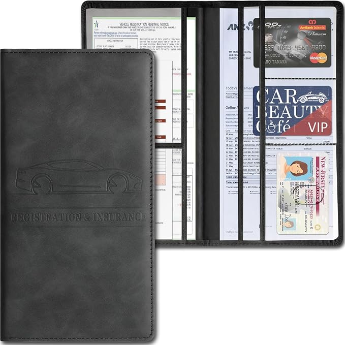 Car Accessories Registration and Insurance Holder,Leather Essential Card Magnetic Shut Vehicle Glove Box Organizer Case for Auto Driver License Document Truck Motorcycle Boat Men Women,Black