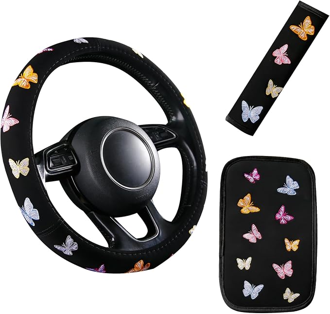 Embroidery Cute Steering Wheel Cover Butterfly Decor+Center Console Cover+Belt Cover,Anti-Slip,Sweat Absorption,3pcs