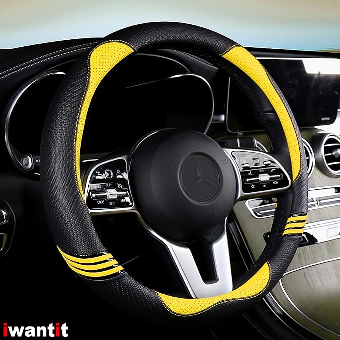 Steering Wheel Covers with Leather and Anti-Slip Rubber Ring, Universal Fit 14.5-15 inches for Cars,SUV (Yellow/Black)