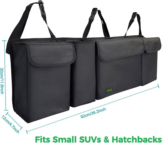 PIDO Hanging Trunk Organizer, Backseat Trunk Organizer for SUV, Hanging Car Storage Bag with Large Pockets for Sedan, Truck, Van, Upgraded Premium 1680D Oxford, Space Saving Car Interior Accessory