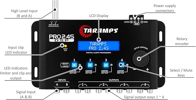 Taramp's Pro 2.4S DSP Crossover full Digital Signal Processor and Equalizer with sequencer 15-band Graphic Equalization 12 preset EQ 2-Channel in and 4-Channel Out