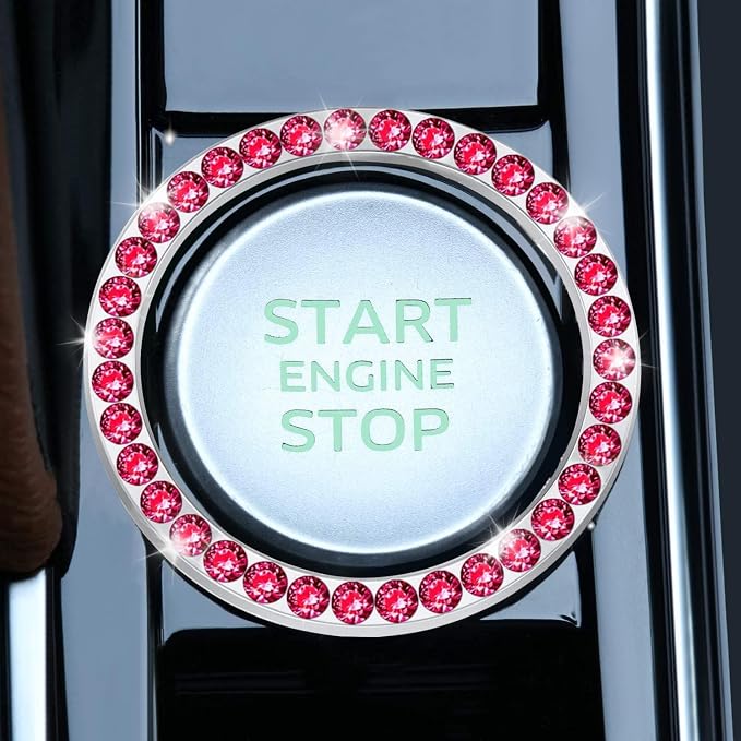 2 PCS Crystal Rhinestone Car Engine Start Stop Decoration Ring, Bling Car Interior Accessories for Women, Push to Start Button Cover Sticker, Automotive Decals, Red