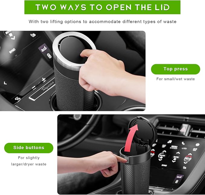 Car Trash Can Bin with Lid, Cup Holder Garbage Container Leakproof Vehicle Door Trash Bin, Mini Portable Dustbin Multipurpose Organizer for Auto Side Door Home Office (Silver)