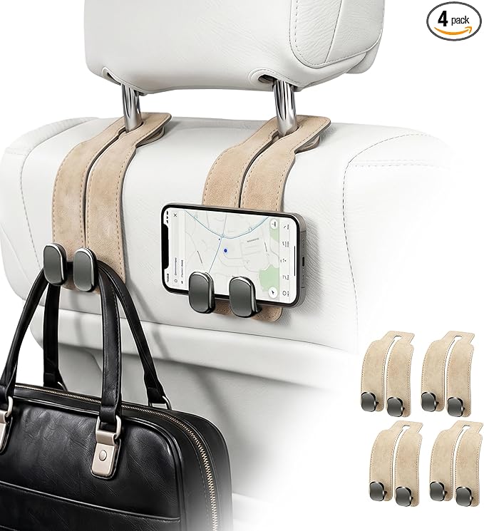 SUKIPIN Car Hooks, Car Seat Headrest Hooks for Purses and Bags 4-Pack Beige | Car Accessories for Women, Solid Durable Construction, Quick Tool-free Mounting, Universal Fit for Most Vehicle Headrests