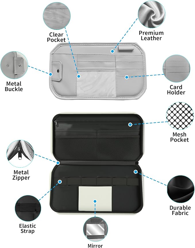 Car Sun Visor Organizer with Zipper Pockets PU Leather Storage Bag with Elastic Straps and Glasses Clip Sunvisor Organizers for Car SUV Truck