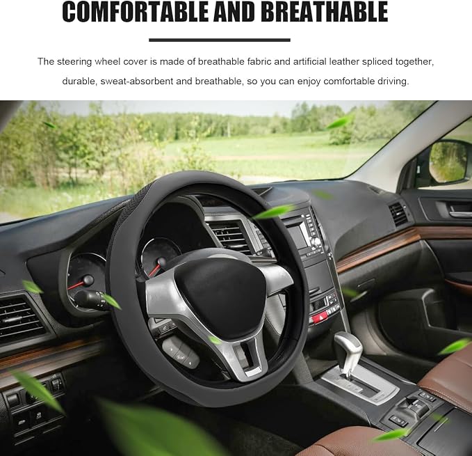 Car Steering Wheel Cover, Leather Breathable Ice Silk Auto Wheel Wrap with Anti-Slip Lining, Scratch-Resistant Elastic Protector Fit for 14.5-15 Inch Steering Wheels (Gray)