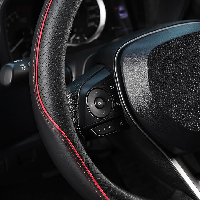 Steering Wheel Cover 14.5-15 inch (37-39 cm) Medium Size, Microfiber Leather, Non-Slip Comfortable Grip, Fits Cars Trucks SUVs, Black and Red