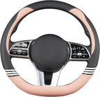 14 inch Cute D Shaped Steering Wheel Cover for Women Men Faux Leather and Carbon Fiber,Black and Pink