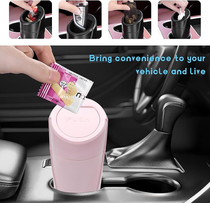Car Trash Can Bin with Lid, Leakproof Auto Cup Holder Garbage Bin Multipurpose Storage Organizer, Mini Portable Dustbin Side Door Garbage Can for Vehicle Home Office (Pink)