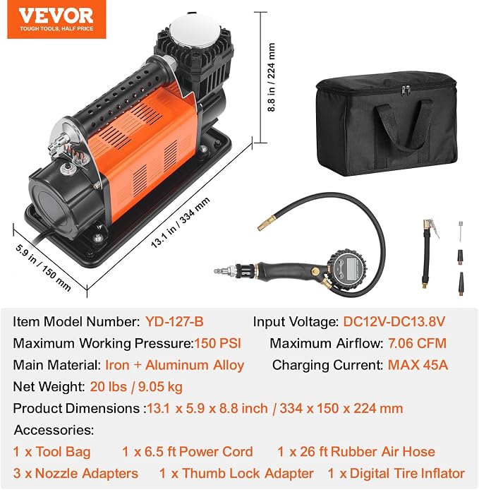12V Heavy Duty Air Compressor - with Digital Pressure Gauge Tire Inflator Kit, 7.06 CFM Portable Tire Inflator, 150PSI Offroad Air Pump with Adapters for Trucks Car SUV 4 x 4 Vehicle RV