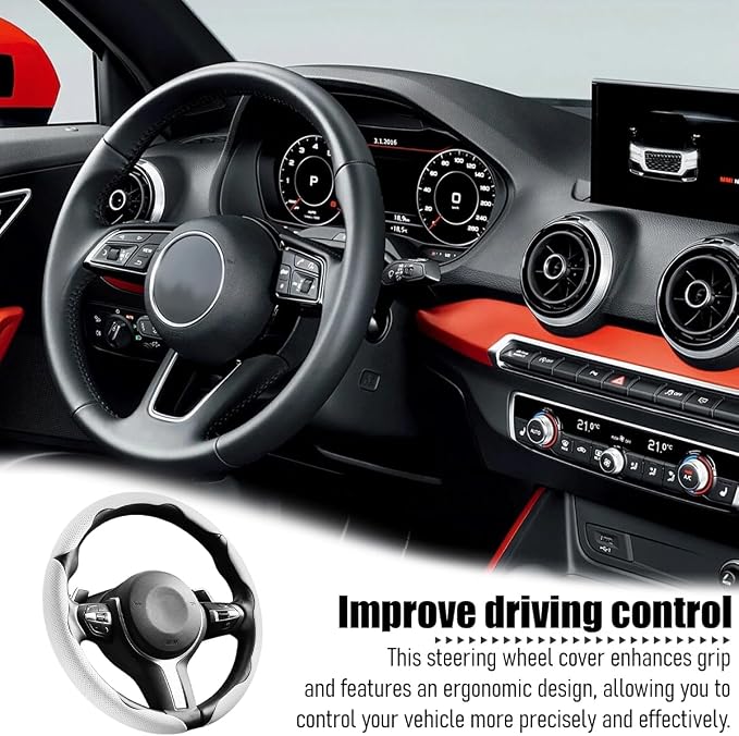 3PCS/Set Car Steering Wheel Cover, Leather Segmented Anti-Slip Automotive Wheel Protector, Soft Breathable Vehicle Steering Protection Covers, Universal Interior Accessories (White)