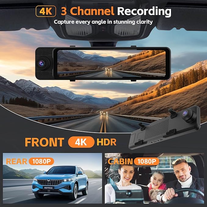 3 Channel Rear View Mirror Camera, 4K+1080P+1080P Front Inside and Rear Car Camera, 12" Touch Screen Backup Camera with 5GHz WiFi GPS, 24H Parking Mode, HDR Night Vision, G Sensor, Free 64G Card