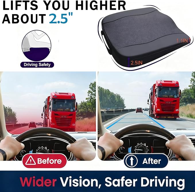 Comfort Memory Foam Car Seat Cushions For Driving,Black Booster Cushion Pad | Ergonomic Height Cushion, Sciatica & Lower Back Pain Relief Pillow, Comfort Seat Pad for Car Office Wheelchair Short People