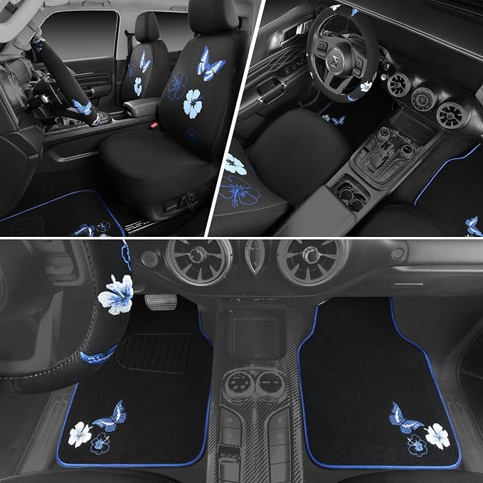 Blue Butterfly Car Seat Covers Full Set, Embroidered Flower Waterproof Car Floor Mats Carpet, Butterflies Steering Wheel Cover for Universal Car Accessories Interior Sets (Black and Blue)