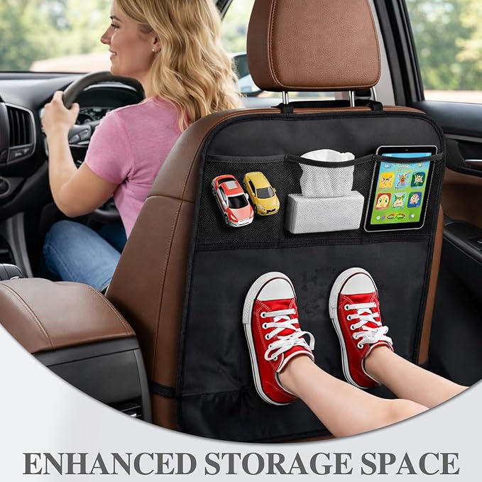 2-Pack Black Kick Mats with Organizer, Backseat Protector Seat Covers for Cars, SUVs, Minivans, and Trucks, Universal Fit Interior Seat Back Protectors