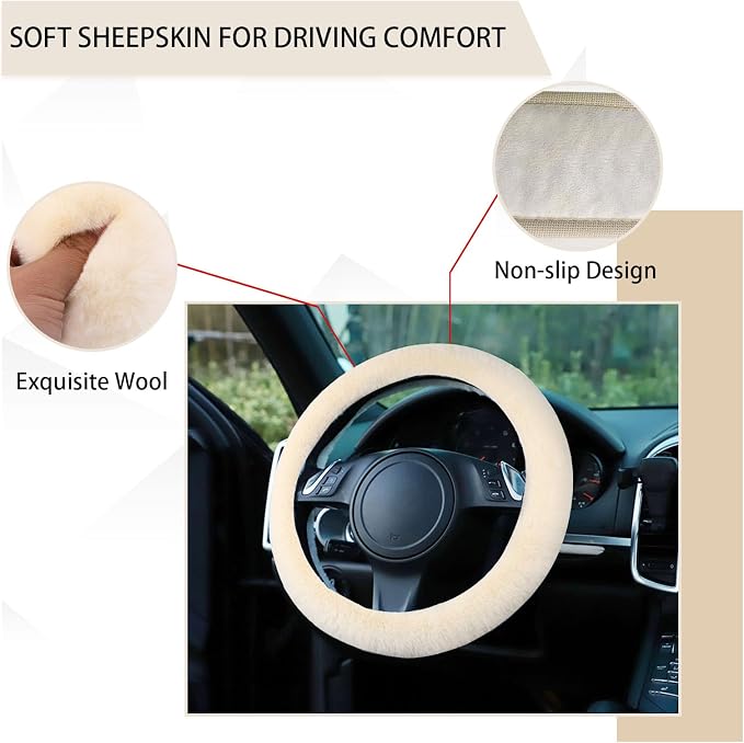 Fuzzy Steering Wheel Cover, 15 inch Soft Wool Fur Steering Wheel Protector, Fluffy Wheel Covers for Winter Warm, Car Interior Decoration Accessories for Women Men (Beige)