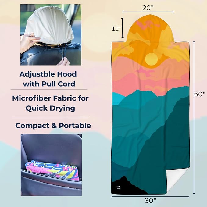 Car Seat Towel Cover – Microfiber Hooded Seat Cover – 30” x 60” Moisture-Wicking Running Seat Protector for Runners – Sunset Summit