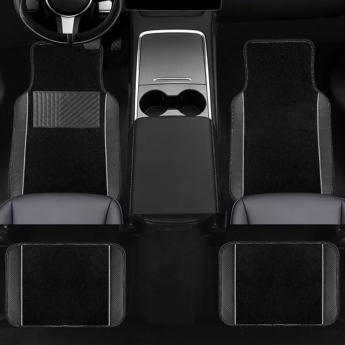 10 Pcs Car Floor Mats Full Set Car Accessories, Microfiber Leather Steering Wheel Covers 14.5-15 inch, Center Console Cover, Seat Belt Pads, Cup Coasters, Universal Interior Decor(Grey)
