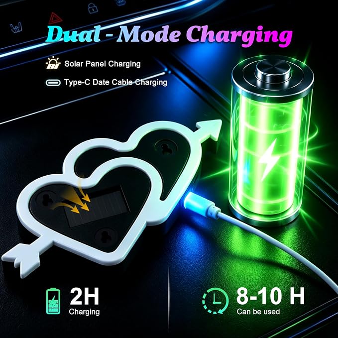 Solar Heart Car Window Light LED Ambient Lights Vibration Sensor 8 Modes | USB + Solar Assist Power, Color Changing 8 Modes Cupid's Heart-shaped Lights, Rainbow Window Decorative Suction Cup Install