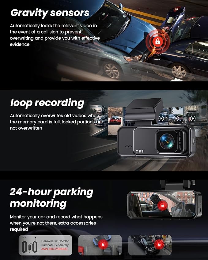 COOLCRAZY 4K Dash Cam Front, Built-in WiFi GPS, Dash Camera for Cars, 3.2" IPS Screen Dashcam with App Control, Free 32G Card, 170°Wide Angle, 24H Parking Mode, WDR, Night Vision, G-Sensor
