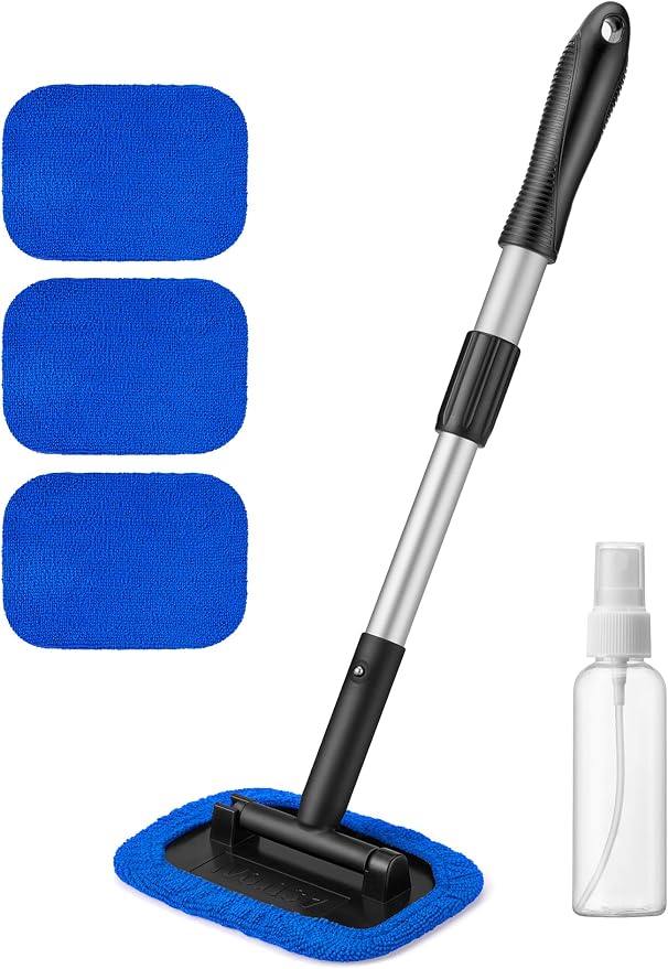 Windshield Cleaner, Microfiber Window Cleaner with 4 Reusable Washable Large Sponge Pads, Extendable 180° Rotating Handle, Fits Cars & SUVs, Includes Spray Bottle, Blue