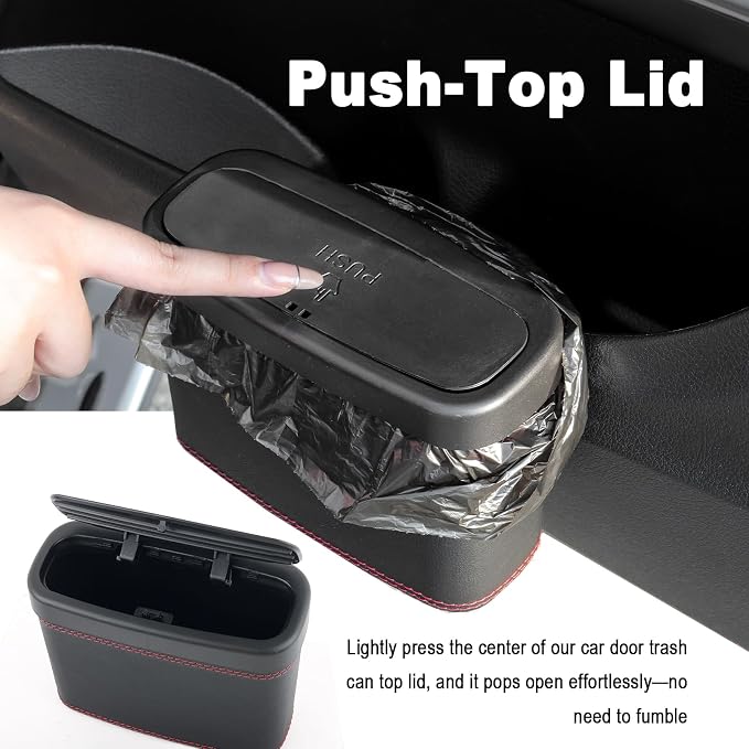 Push-Top Car Trash Can with Lid and Hanging Clip,Small Leather Car Garbage Can with 30 Trash Bags,Multi-Purpose Leakproof Cars Trashes Bin Cars Accessories for SUV,Truck,Auto
