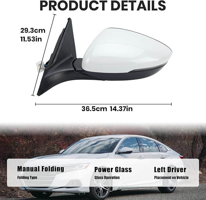 Left Driver Side Mirror Compatible with 2018-2022 Honda Accord Power Glass | Heated | with Blind Spot | with Turn Signal | Manual Folding Repalces HO1320330 (8Pins-Pearl White)
