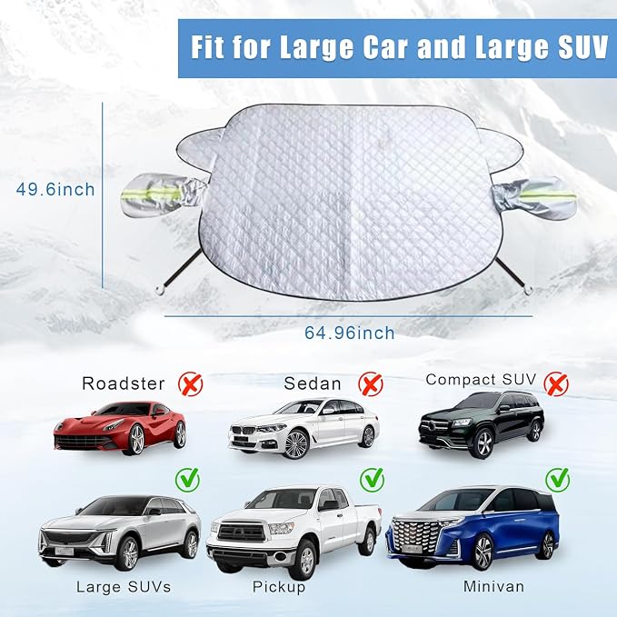 Car Windshield Snow Ice Cover with Side Mirror and Hook,Magnetic Windshield Cover for Ice and Snow,Car Windshield Sun Shade Foldable,Fit for Large SUV/Pickup/Truck/MPV(Silver-65 x49)