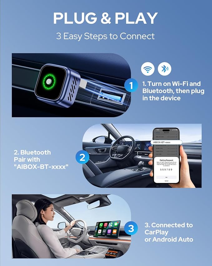 2-in-1 Wireless CarPlay & Android Auto Adapter, One-Click Switch for Apple iPhone and Android, Converts Wired to Wireless, Plug and Play for USB/USB-C, Compatible with 1000+ Vehicles