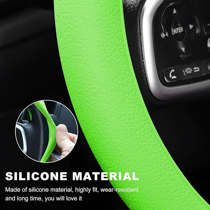 Car Steering Wheel Cover, 13 to 14.17 inches Anti-Slip Silicone Steering Wheel Protector, Soft Flexible Shock-Absorbent Steering Wheel Protective Cover for Most Car Models (Green)
