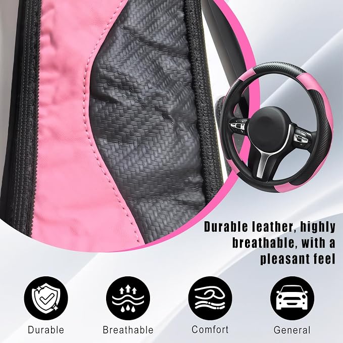 Leather Car Steering Wheel Cover, 15 Inch Anti-Slip Carbon Fiber Black Steering Wheel Cover, Universal Car Interior Accessories for Trucks Sedans SUVs (Black & Pink)