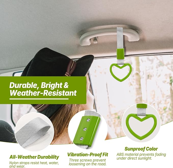 2 Pcs Heart Shaped Car Handle Strap – JD M Drift Charm Rear Bumper Warning Ring Decor for Car Interior Exterior, Subway Bus Handle Accessory, Cute Heart Car Decor Gift for Drivers (Green-Silver)
