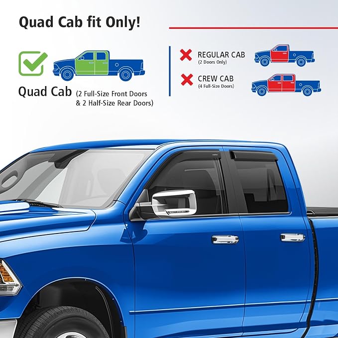 Goodyear Shatterproof Window Deflectors for Trucks Dodge Ram 1500 2009-2018 Quad Cab, Tape-on Rain Guards, Window Visors, Vent Deflector Visor, Truck Accessories, 4 pcs. - GY008701