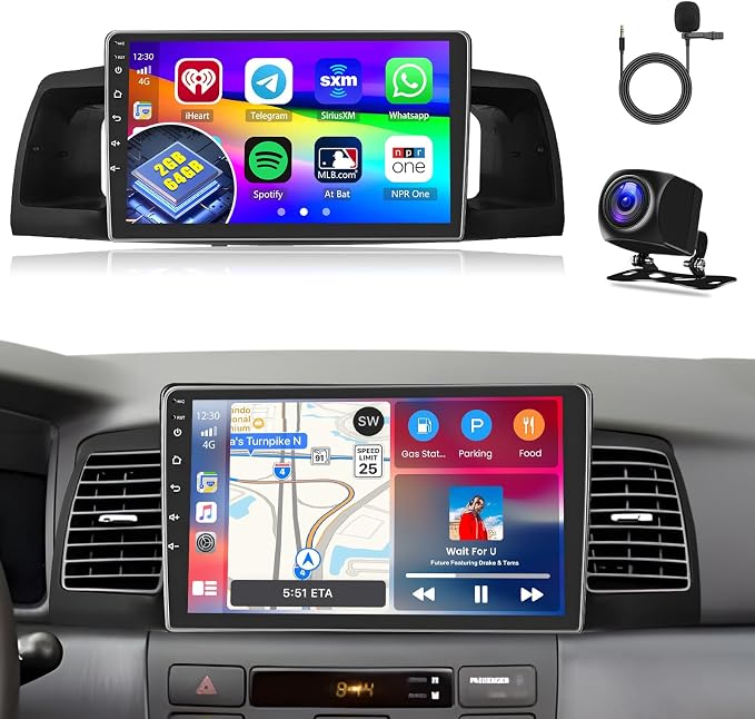 5Ghz WiFi 2G+64G Android 15 Car Radio for Toyota Corolla EX 2005-2012 with Wireless Carplay/Android Auto, 9 Inch IPS Touchscreen for Corolla Stereo with GPS Bluetooth FM/RDS SWC AHD Backup Camera MIC