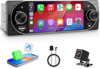 Single Din Car Radio with Apple CarPlay, Backup Camera，External Mic,Single Din Touchscreen Radio Supports Android Auto, Bluetooth, Dual Physical Knobs,SWC, EQ, FM Radio (Black)