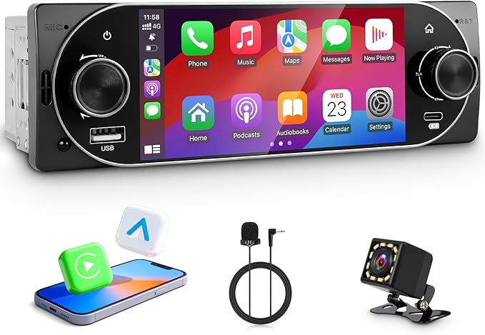 Single Din Car Radio with Apple CarPlay, Backup Camera，External Mic,Single Din Touchscreen Radio Supports Android Auto, Bluetooth, Dual Physical Knobs,SWC, EQ, FM Radio (Black)