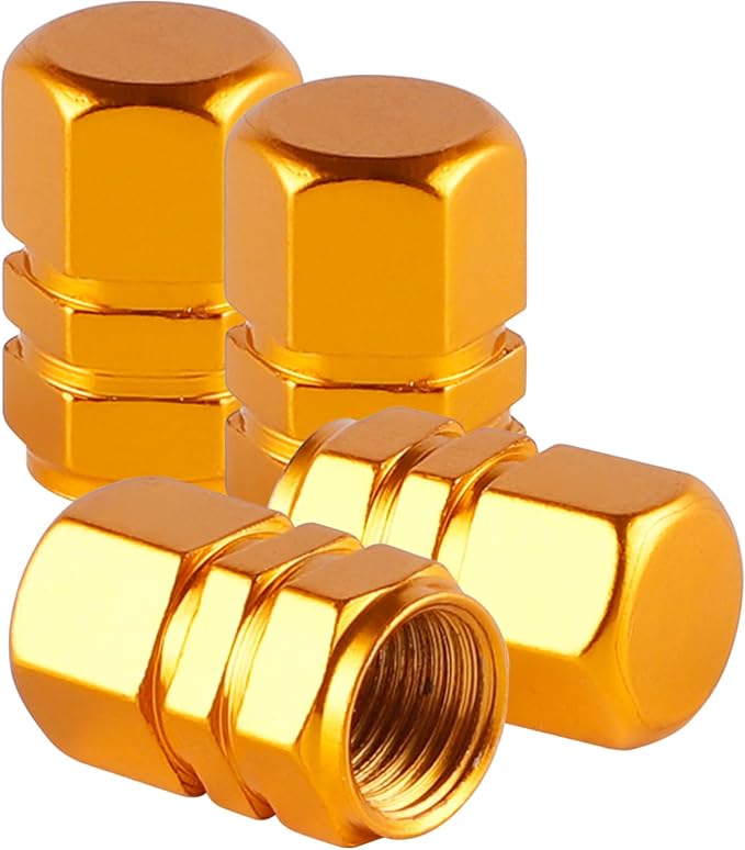 Aluminum Tire Stem Valve Caps Wheel Valve Covers Car Dustproof Tire Cap Cover Accessories, Universal for SUV, Car, Bike and Motorcycle, Hexagon Shape (4PCS Gold)