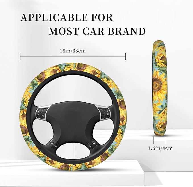 Watercolor Sunflower Steering Wheel Cover, Elastic Non-Slip Steering Wheel Protector,Auto Interior Decor for Women Girls,Universal 15" Fit for Sedans,Trucks